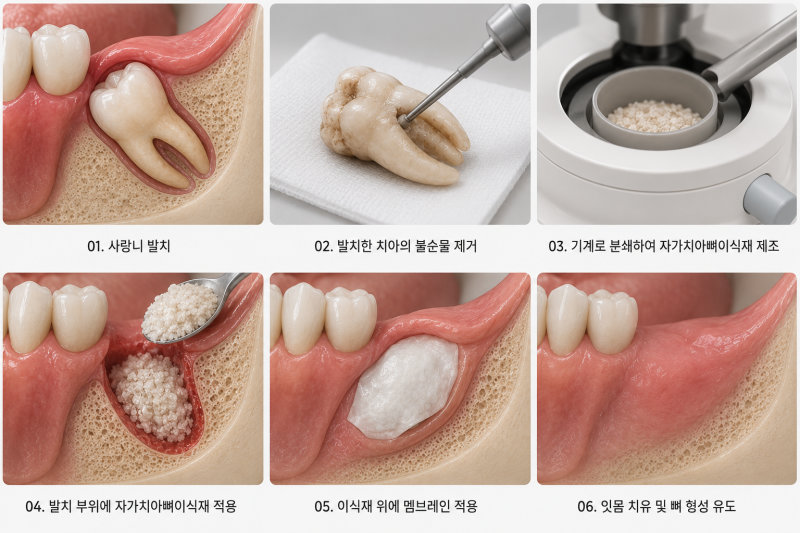 사랑니 발치 및 자가치아뼈이식재 제작 및 적용 과정 시뮬레이션