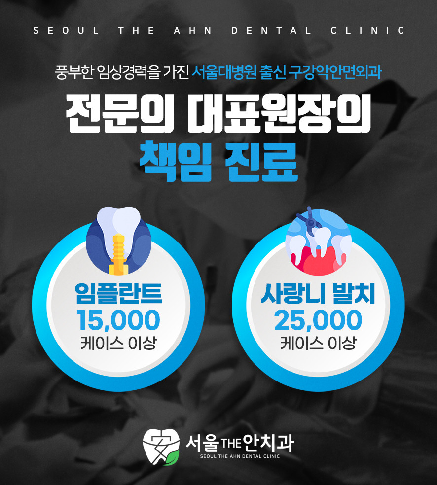 서울더안치과 임플란트 15,000 케이스 이상, 사랑니 발치 25,000 케이스 이상을 나타내는 홍보 이미지