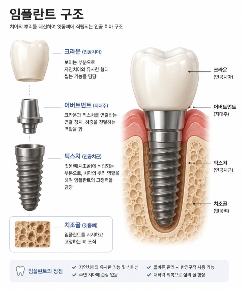 태전동치과 타 치과 임플란트 보철만 바꿔도 될까요? 4 임플란트의 크라운, 어버트먼트, 픽스처, 치조골 구조를 설명하는 그림