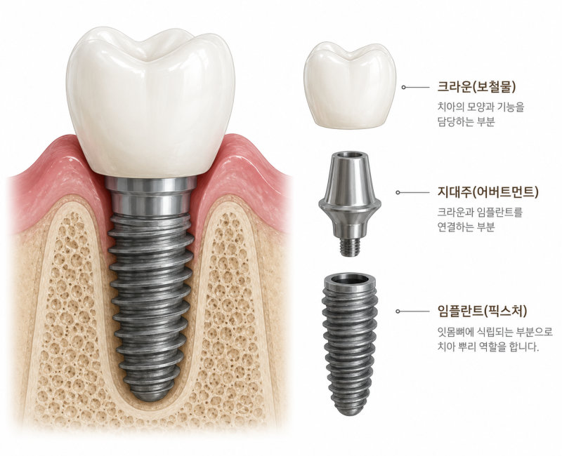 경기광주치과 부러진 임플란트, 재수술도 가능할까요? 2 임플란트의 구성 요소인 크라운, 지대주, 임플란트 픽스처를 보여주는 치과용 삽화