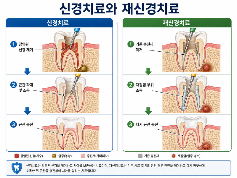 신경치료와 재신경치료 과정을 설명하는 그림